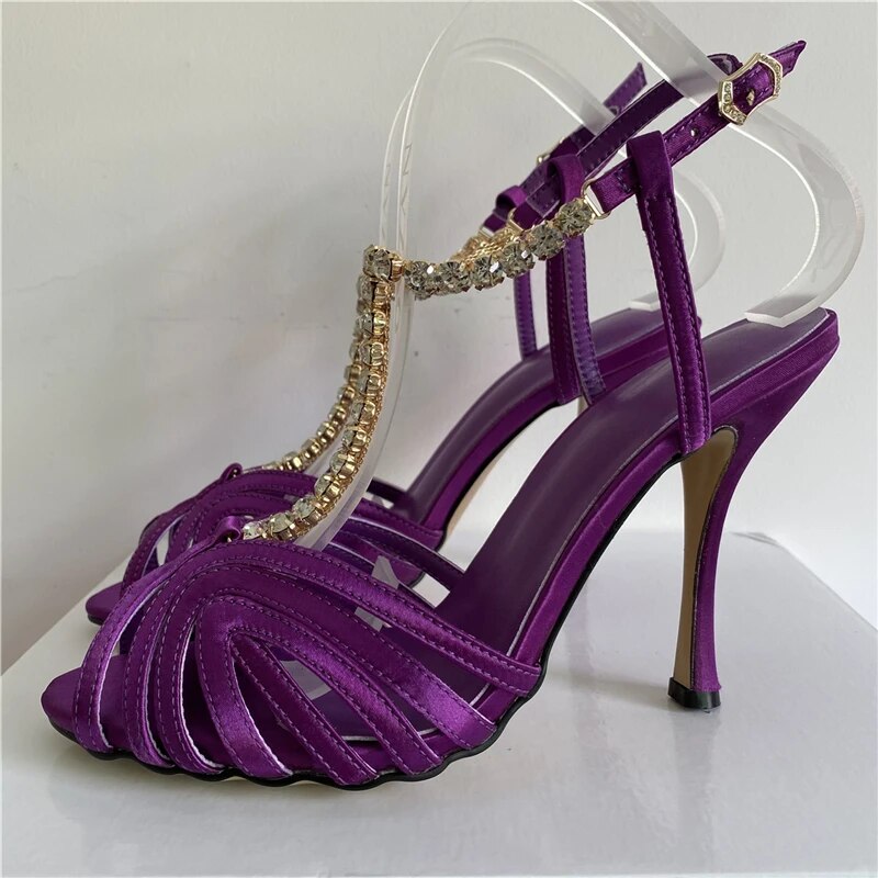 VCSHOES Diamond Rhinestone T-Strap Sandals For Girls 10cm Thin High Heels Satin Narrow Band Sandalias Mujer