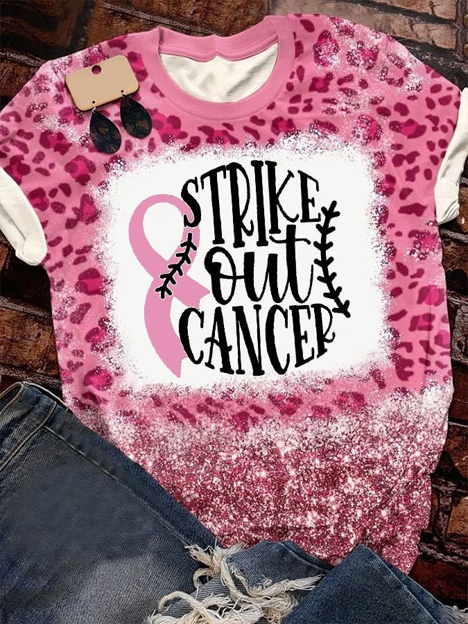Baseball Strike Out Cancer Breast Cancer Awareness Leopard Print T-Shirt