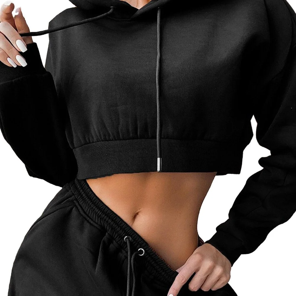 Casual Two Piece Set Women Fashion Sexy Sportswear Female Tracksuits Two Piece Set Solid Color Hoodie Short And Long Pants Loose