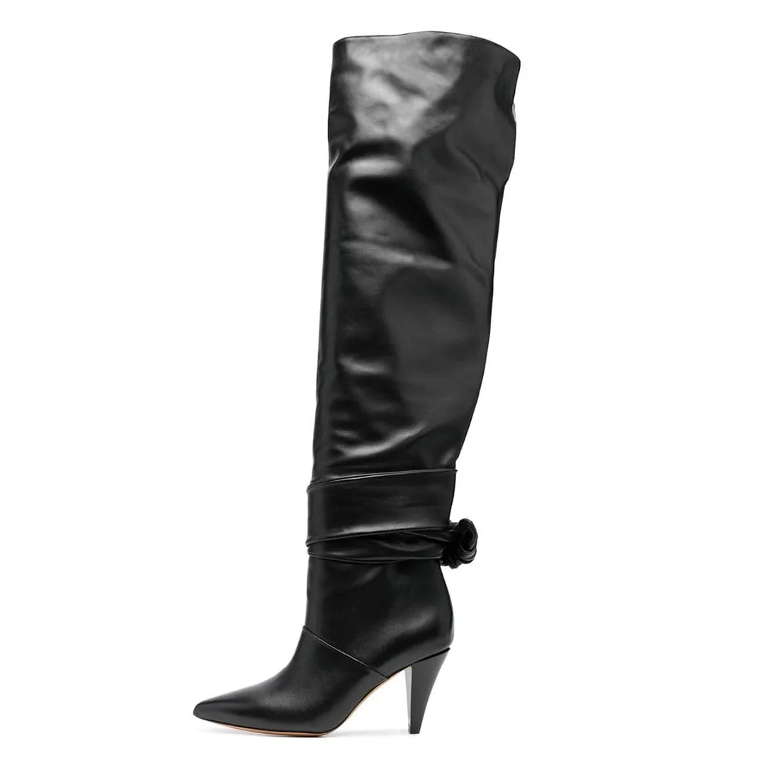 Black Cone Heel Pointed Toe Knotted Strappy Over The Knee Boots