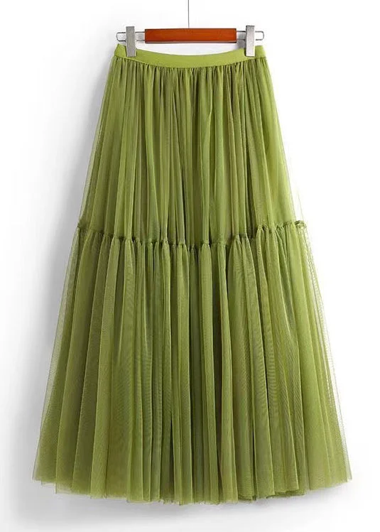 Loose Green Wrinkled Elastic Waist Tulle Skirts Summer