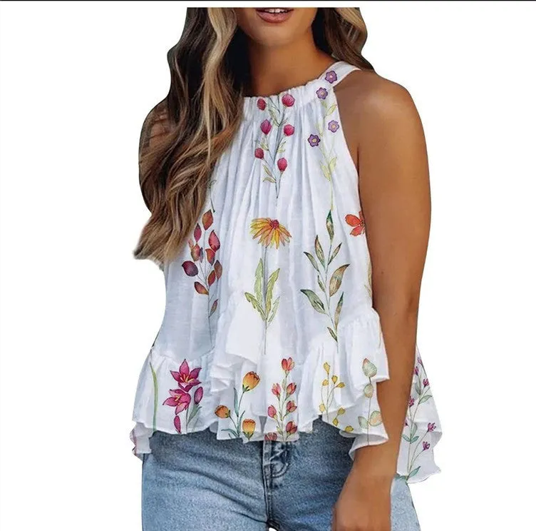 Brownm Print Round Neck Halter Sexy Sleeveless Blouses