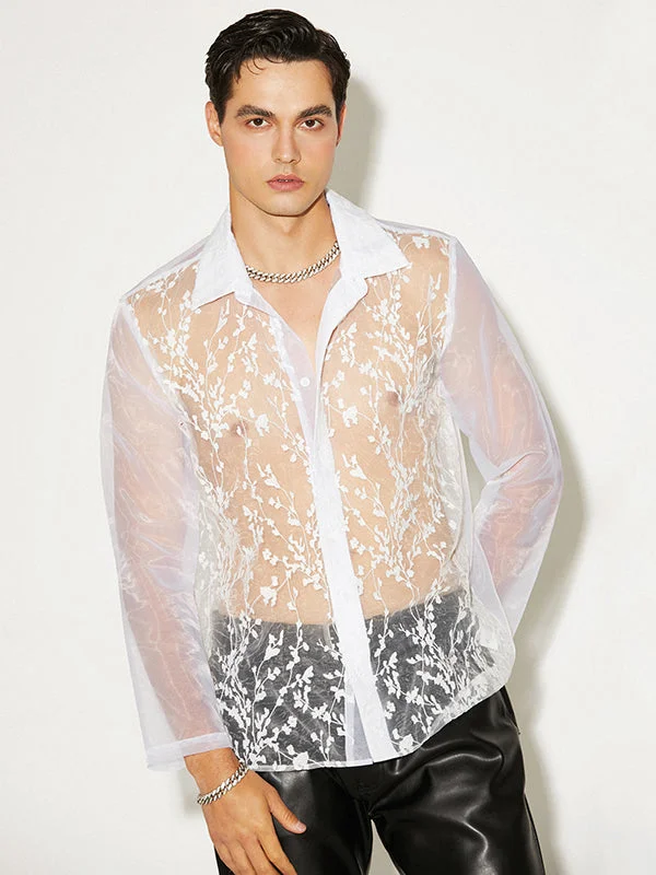 Aonga - Mens Mesh See Through Floral Print ShirtJ