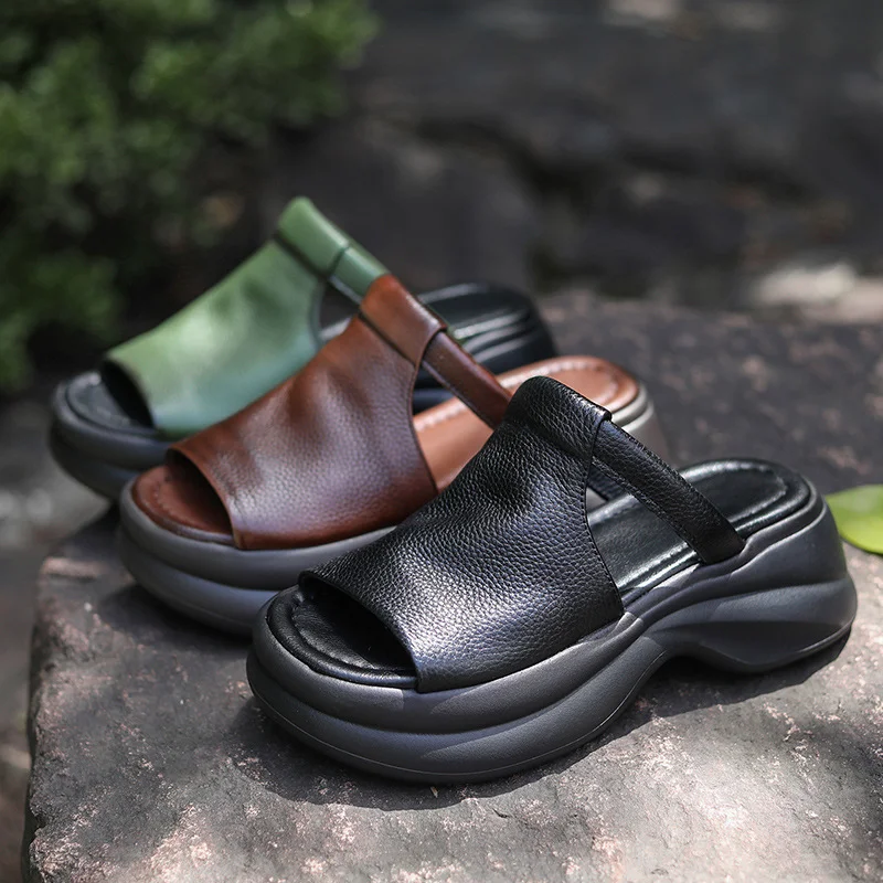 Yyvonne Cowflin Retro Hand-Made Leather-Bottomed Slippers Women's New Summer Wear Light-Discreed Cool Slippers