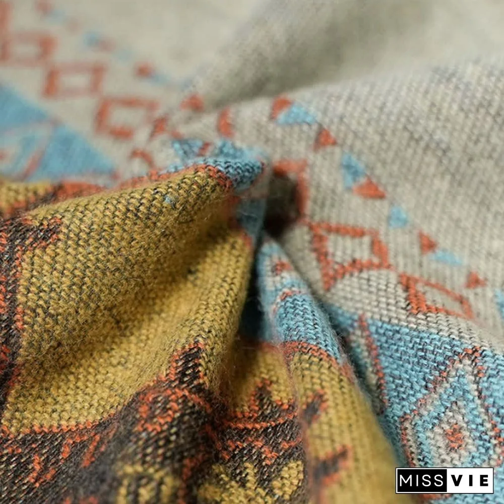 Boho Vintage Print Colorblock Shawl Wrap V-neck Lace Up Dress