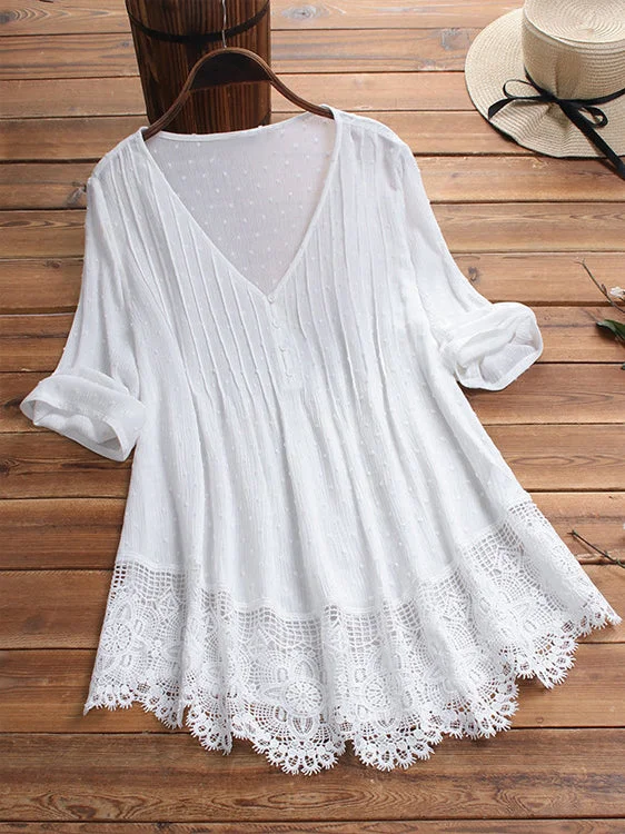 Casual V Neck Stitching Lace Women's Linen Top