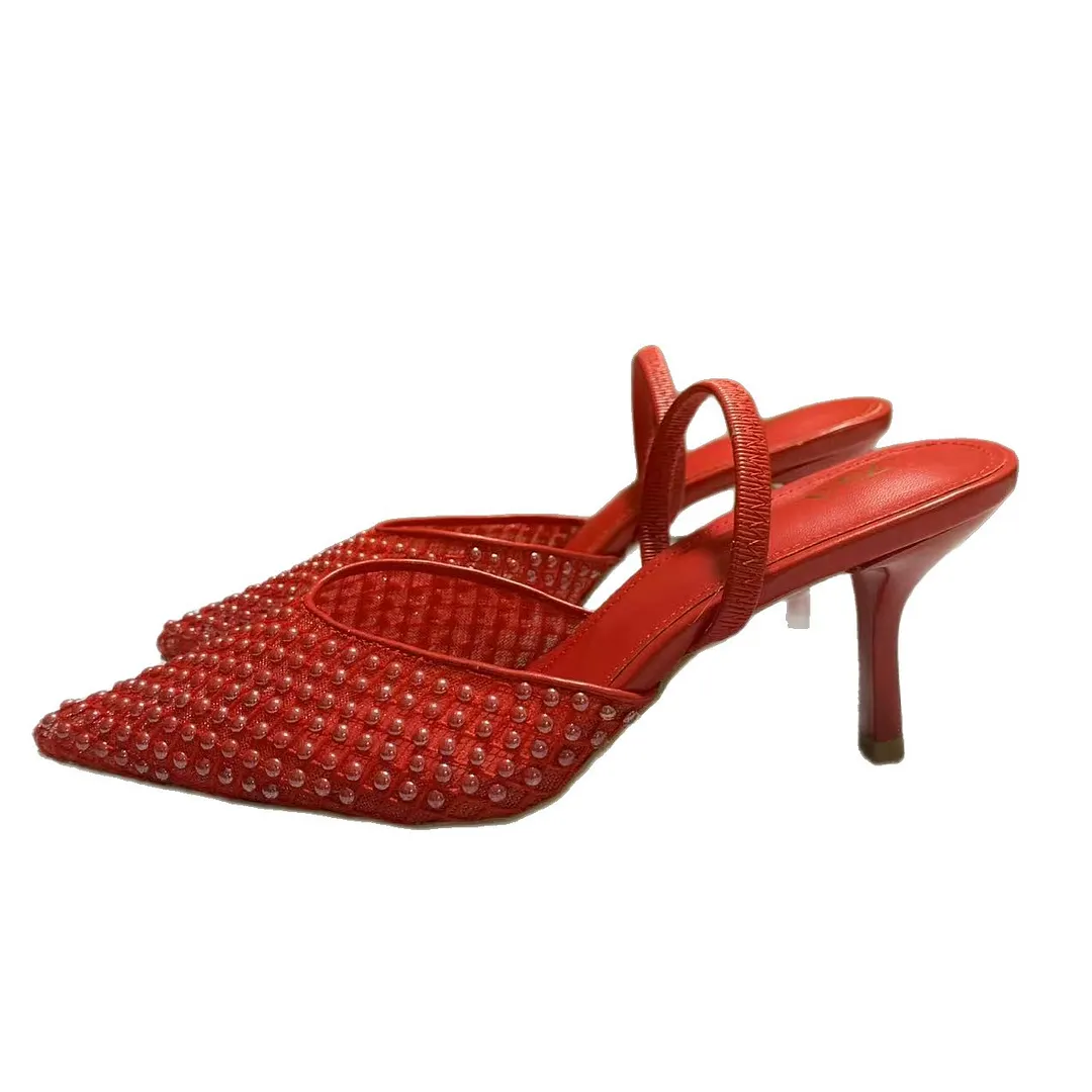 Breakj Breakj Home 2025 New Pointed Shoes Slippers And Women's Fine With 2025 Summer New Hollow Mesh Yarn Half Drag Woman