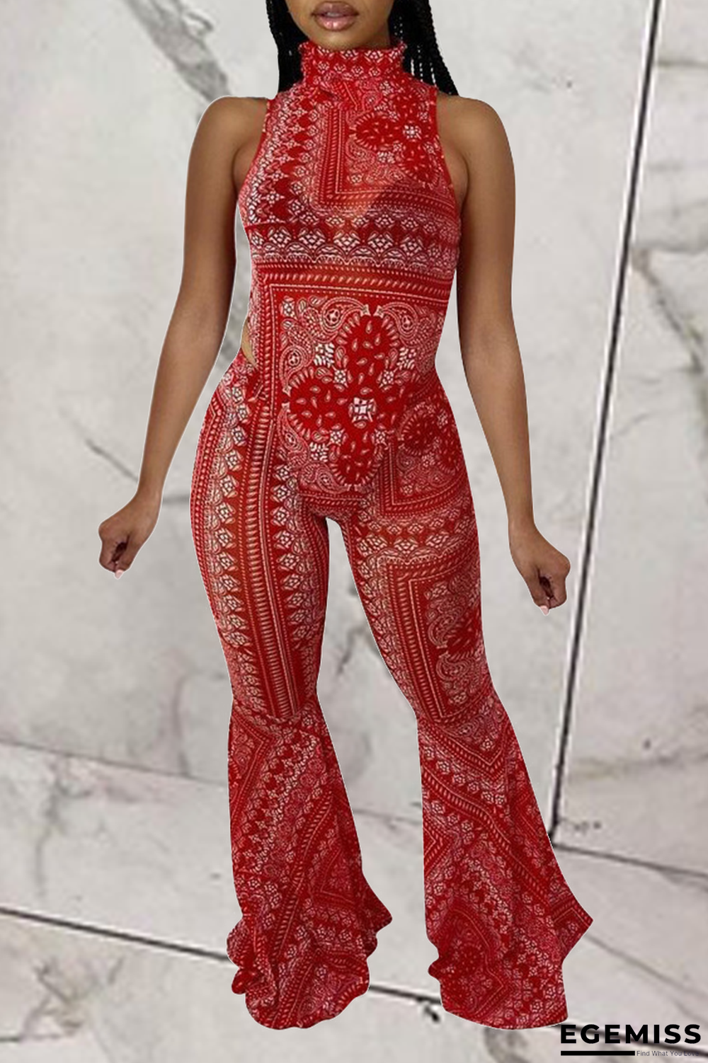 Red Sexy Print Patchwork Turtleneck Sleeveless Two Pieces | EGEMISS