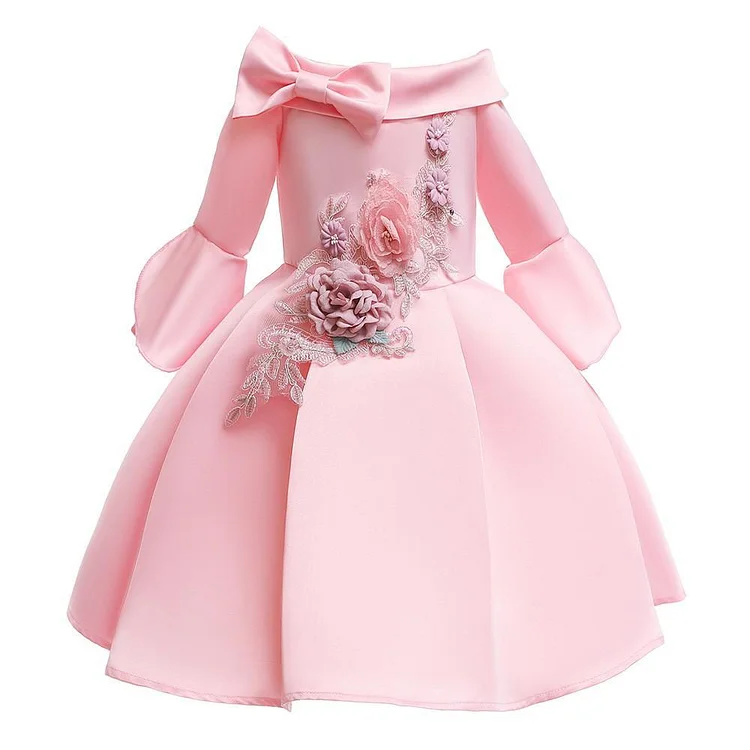 Pink Half Sleeve Princess Flower Girl Applique Skater Party Gown Dress-Mayoulove