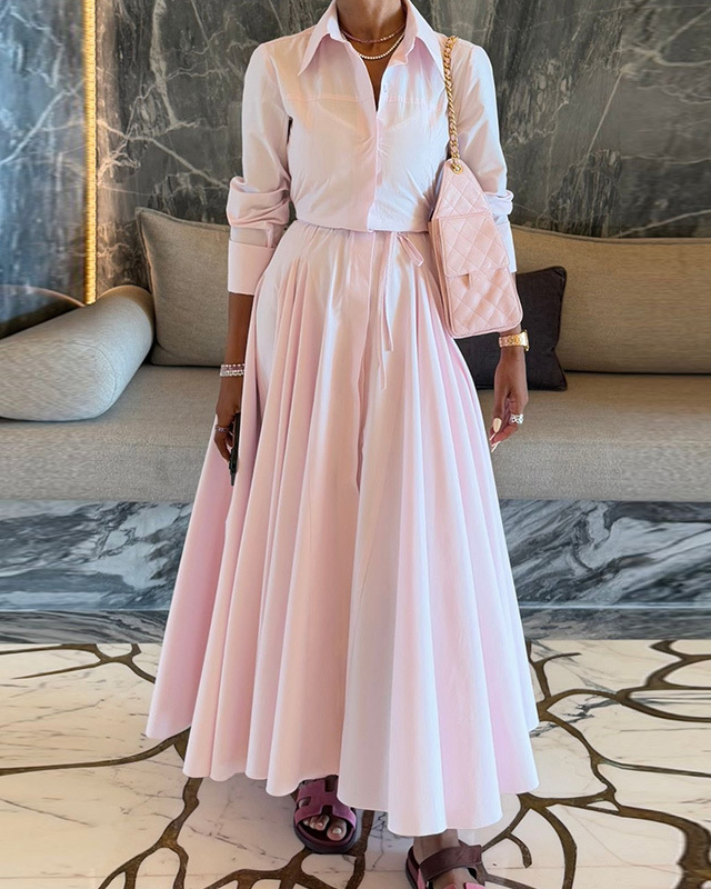 Solid Color Long Sleeve Lapel Shirt & Maxi Skirt Two-Piece Set