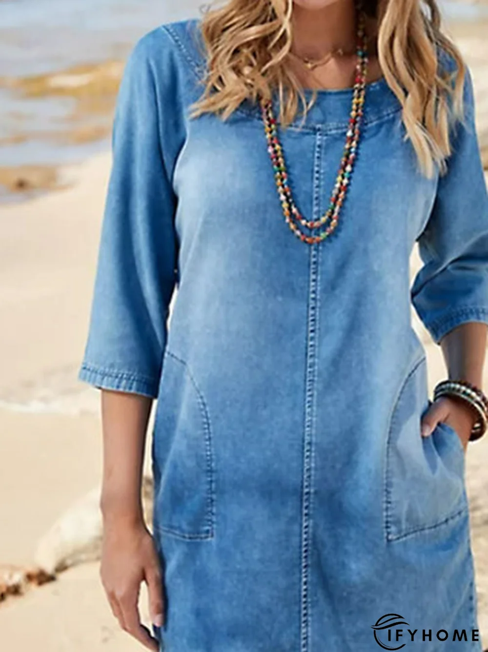 Crew Neck Denim Casual Plain Dress | IFYHOME