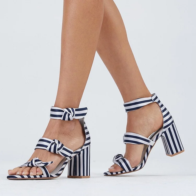 Classic Black & White Stripes Triple Tie Block Heel Sandals |FSJ Shoes