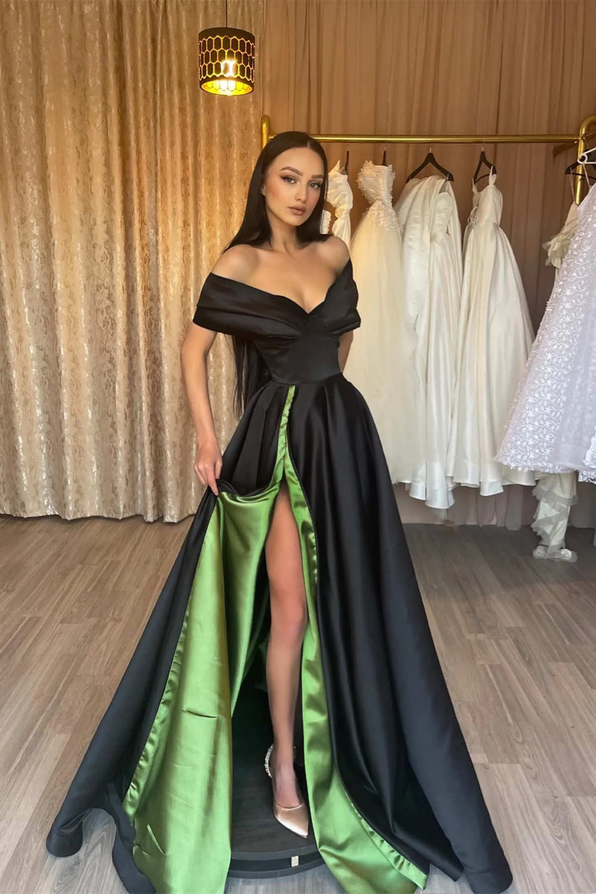 Bellasprom Black Prom Dress Split Long Off-the-Shoulder Bellasprom