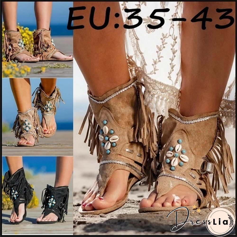 Women's Fashion Tassel Roman Boho Sandals Flock Retro Ankle Sandal Shoes Summer Flats Flip Flops Bohemian Beach Boot Shoes Plus Size