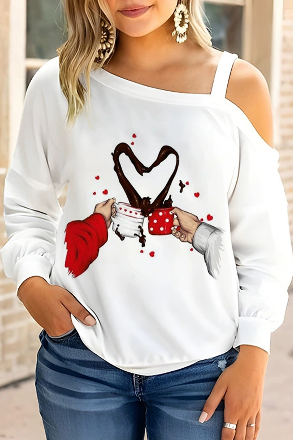 Plus Size Everyday White Printed Skew Neck Cold Shoulder Long Sleeve Sweatshirt