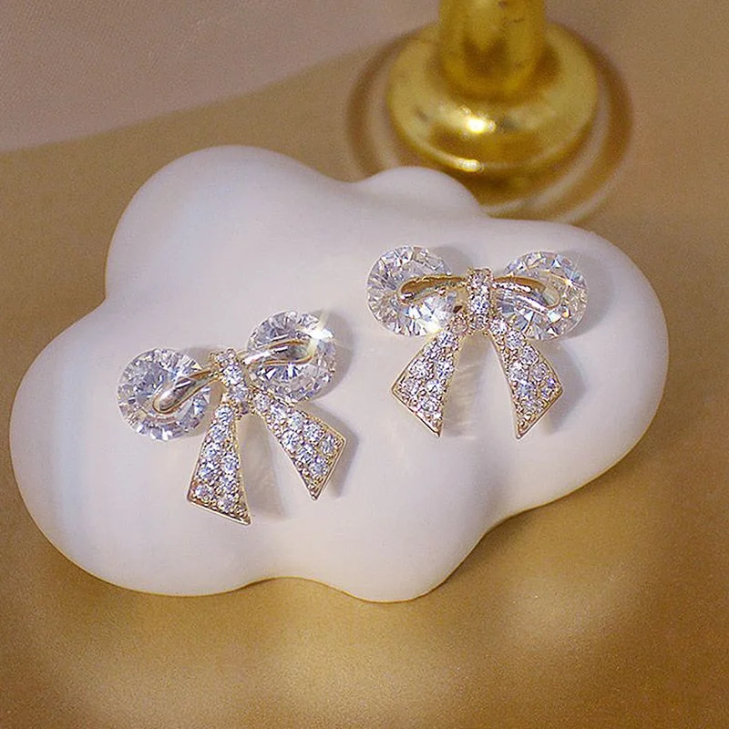 Romantic Delicate Shine CZ Bowknot Earrings for Women Pave Inlaid Zircon Stud Earring Jewelry Pendant