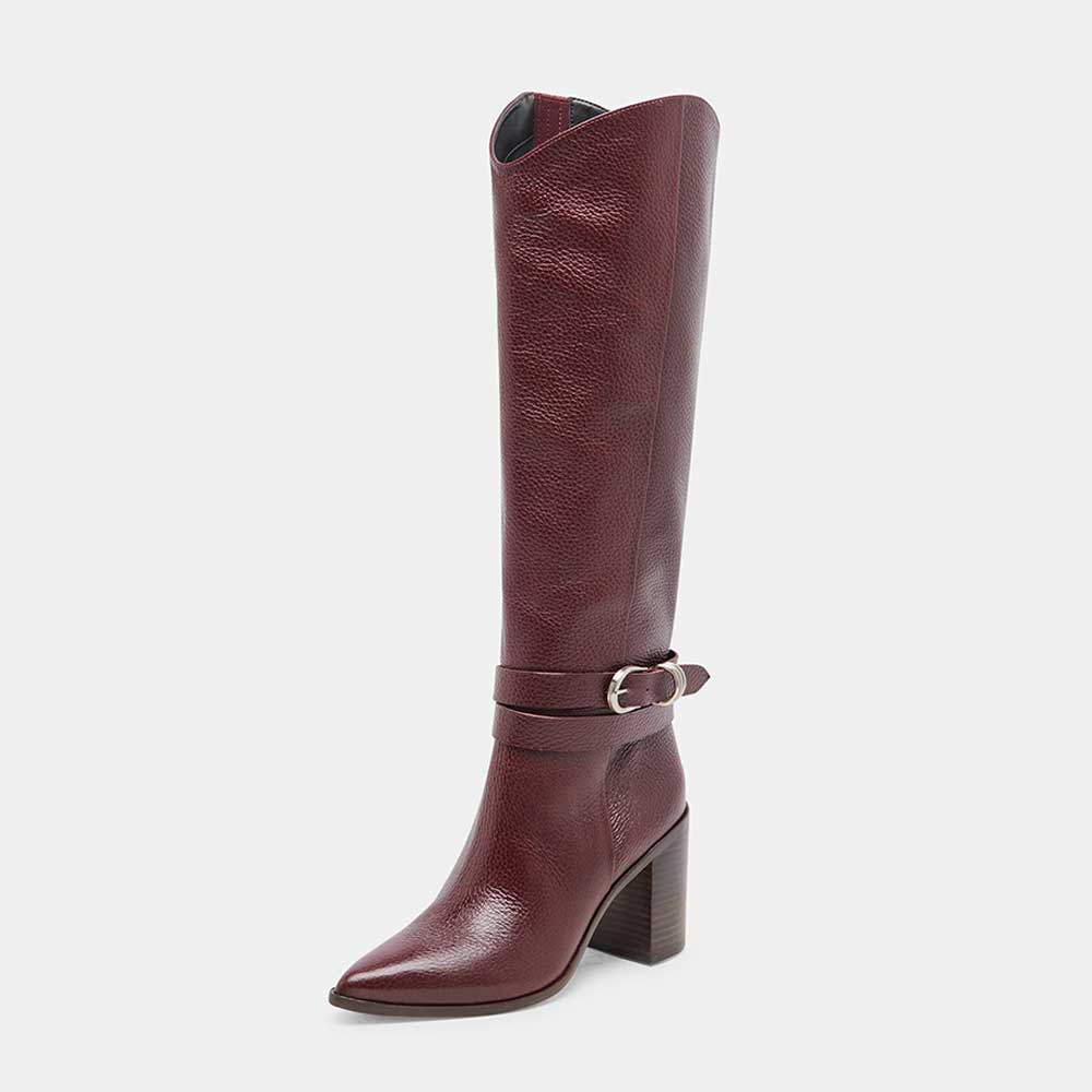 Maroon Pointed Toe Block Heel Knee-High Boots with Buckle Strap Nicepairs
