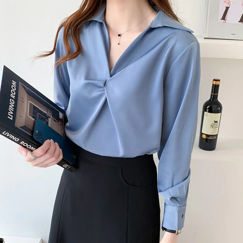 Women Chiffon Blouses Shirt 2021 Autumn Shirts Long Sleeve V Neck Folds White Tops Office Lady Clothing Female Blusas