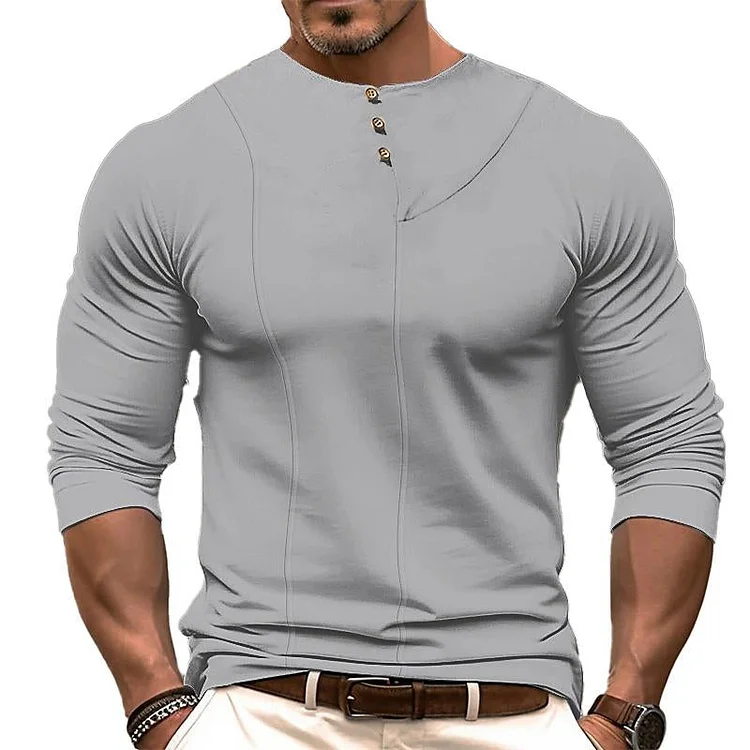 Men's Casual Solid Color Decorative Button Round Neck T-Shirt