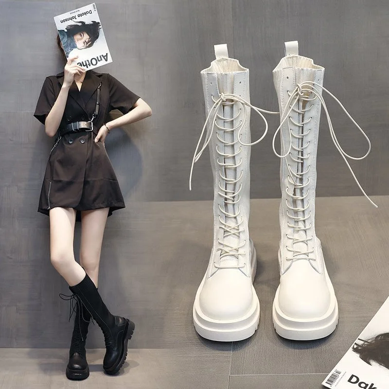 Women Sock Boots Autumn Lace up Mid Calf Boots Female High Platform Sock Shoes Fashion Beige Stockings Boots  Mid-calf