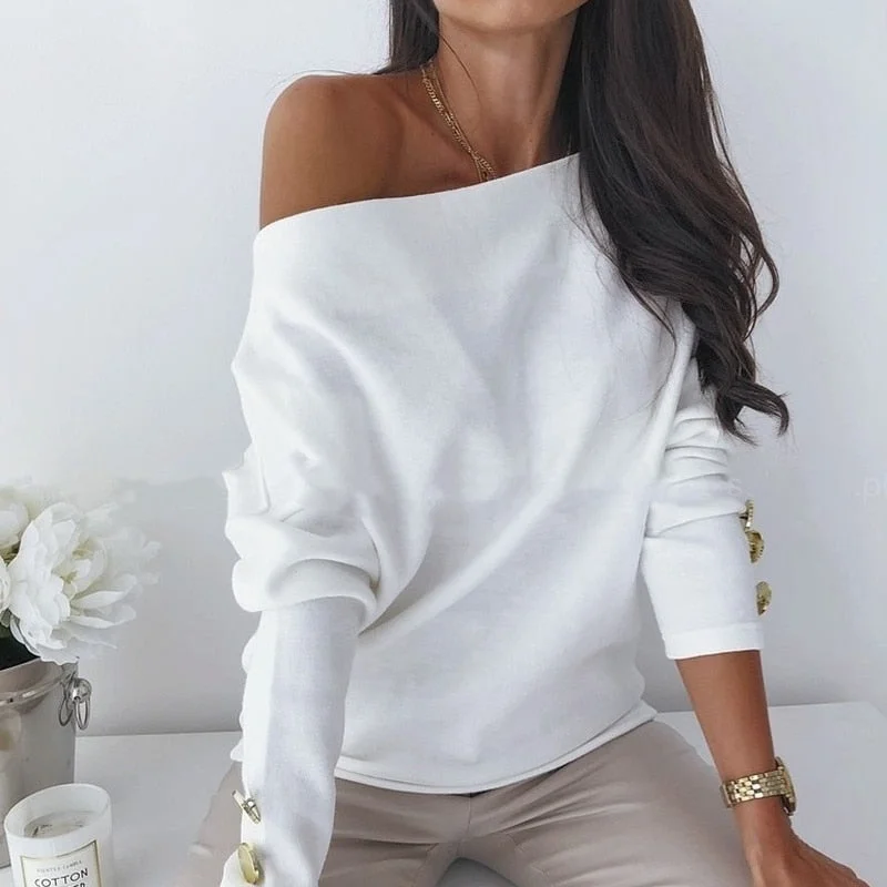 Casual Solid Loose Knitted Pullover Sweater Femme Fashion Women Sexy Slash Neck Sweater Chic Slim Long Sleeve Vintage Tops 12828