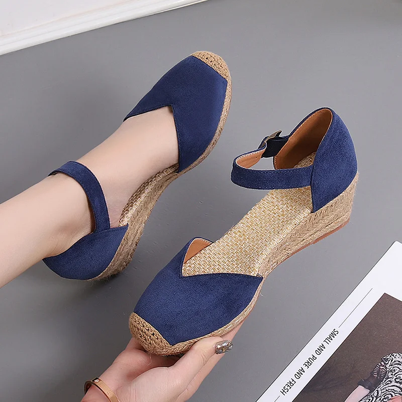 Wongn Wongn Shoes Female Slope Heel Platform New Spring And Autumn Suede One Word Buckle High Heel Hollow Single Shoe Straw Woven