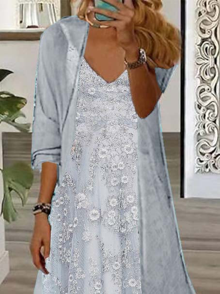 Women's Long Sleeve V-neck Floral Printed Two Pieces Maxi Dress