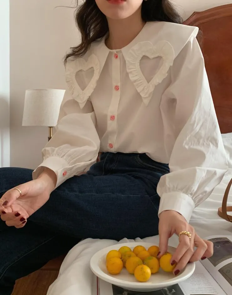 HEART COLLAGE NAVY COLLAR LONG SLEEVE SHIRT