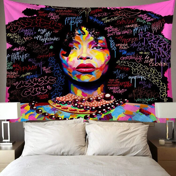 Black Art Tapestry Afro African American Woman Couple Red Wine Love Meditation Hippie Hip Hop Girl Wall Hanging Cloth Tapestries