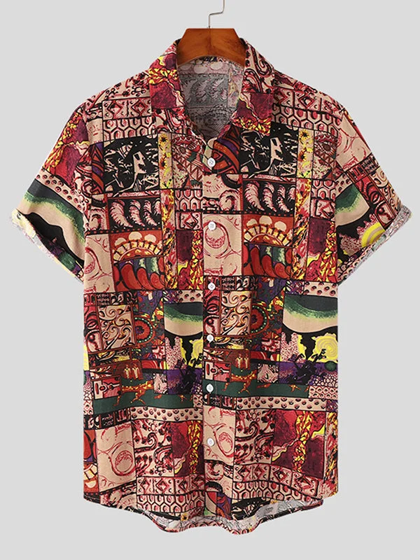 Aonga - Mens Ethnic Print Cotton&Linen Lapel Shirt