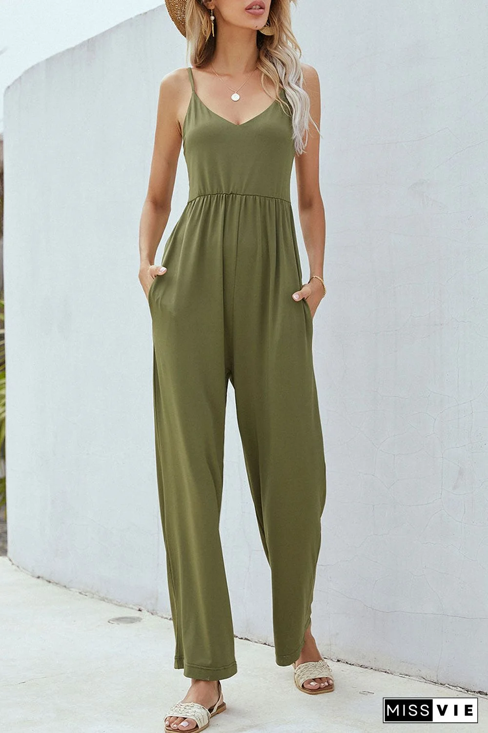 Fashion Street Solid Split Joint V Neck Loose Jumpsuits