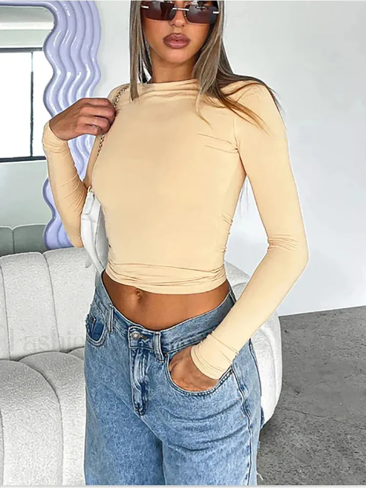 Women Long Sleeve Solid Slim Fit Casual Crop Top