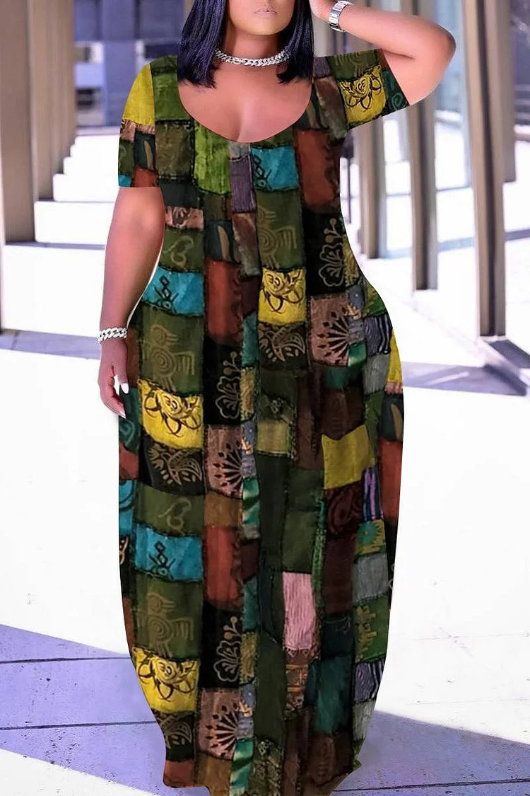 Plus Size Retro Casual All Over Print Short Sleeve Maxi Dress 