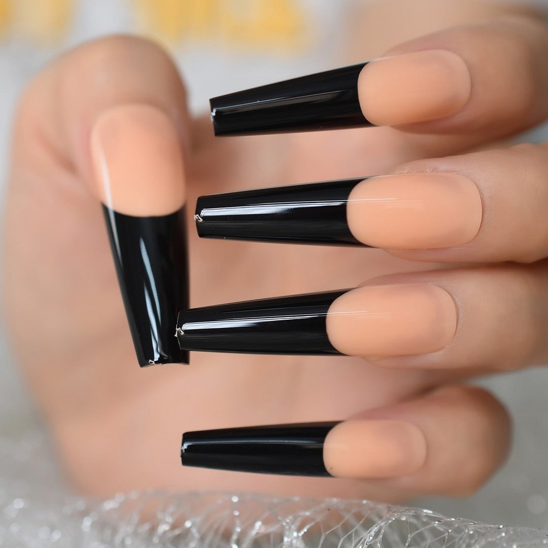 Extremely Long Coffin Press On Nails Beige Black French False Nail Tips Full Cover Glossy Ballerina Fake Finger Nails Manicure