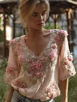 Vintage Bohemian Pink Floral Linen Casual V-neck Short Sleeve