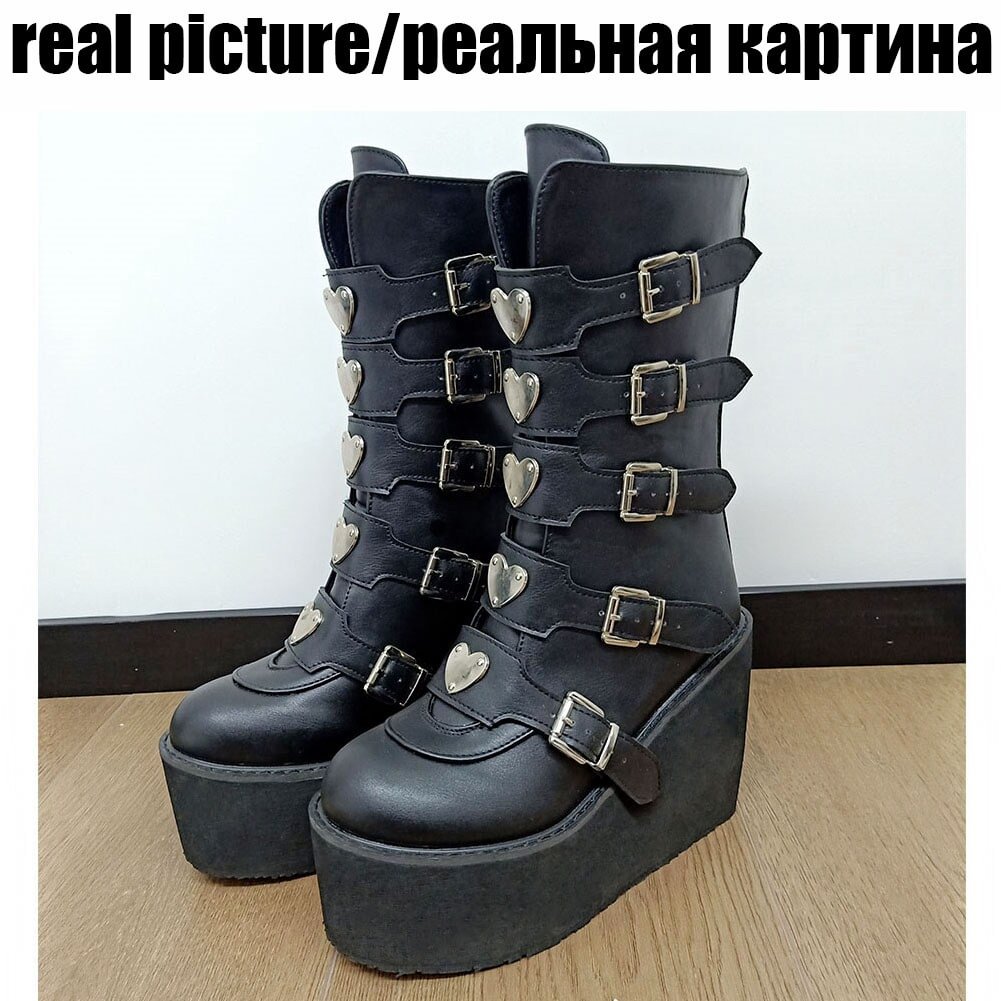 Yyvonne Autumn New Gothic Punk Shoes Platform Wedges High Heels Heart Mid Calf Women Boots Fashion Street Black Cosplay Shoes
