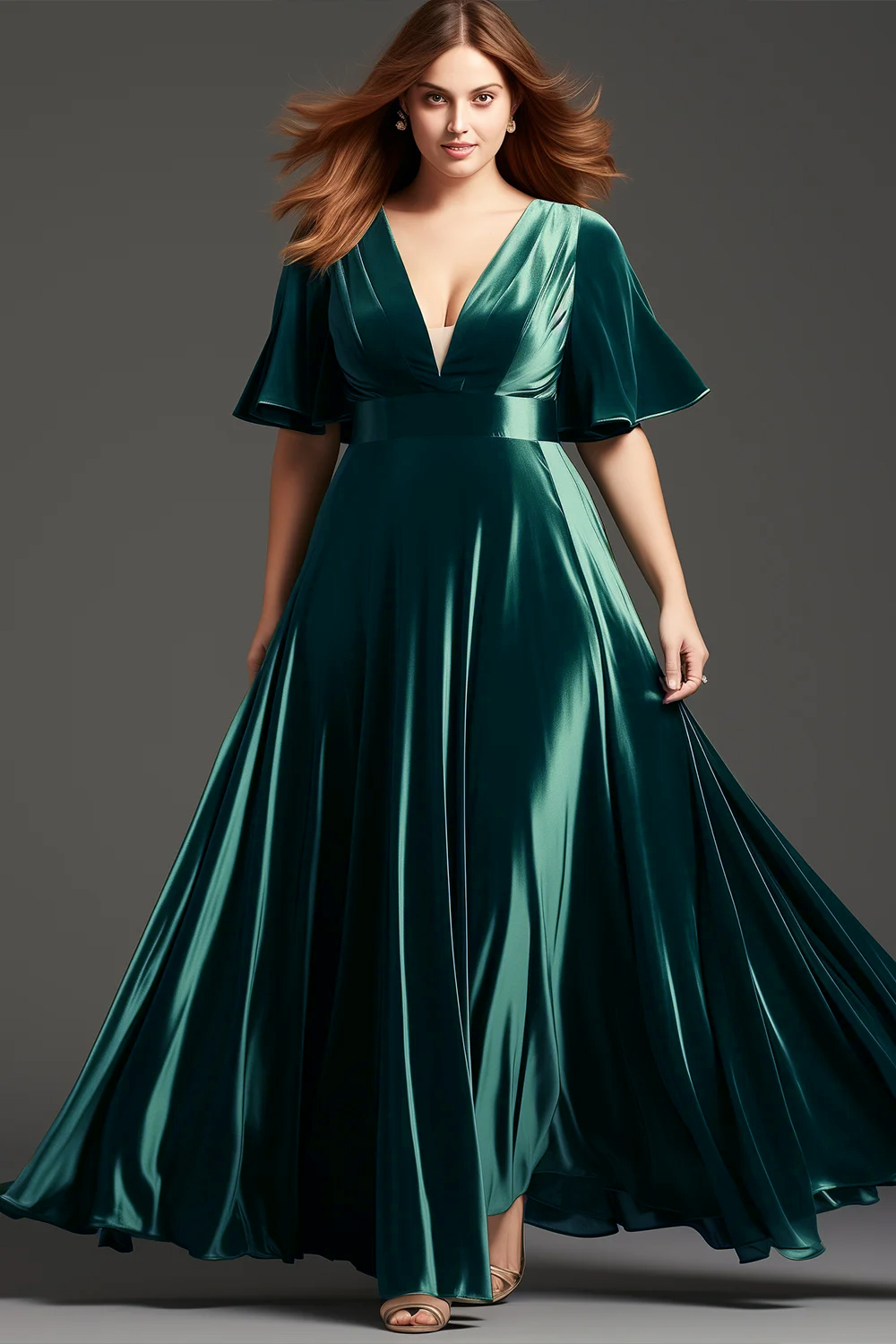 Flycurvy Plus Size Wedding Guest Dark Green Velvet Deep V Neck See-Through Flutter Sleeve Maxi Dress