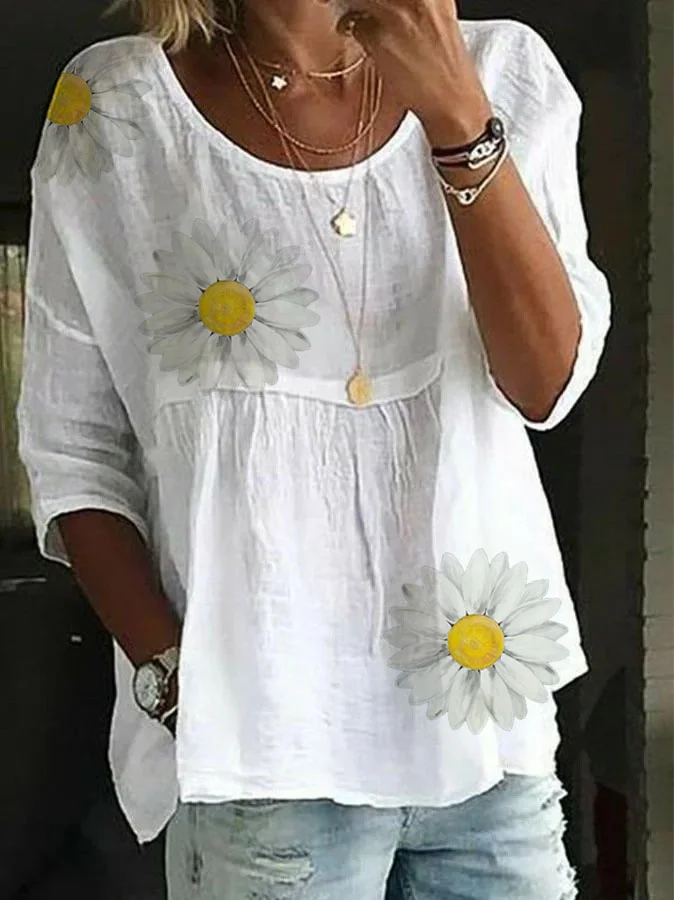 White Long Sleeve Floral Print Cotton Shirts & Tops