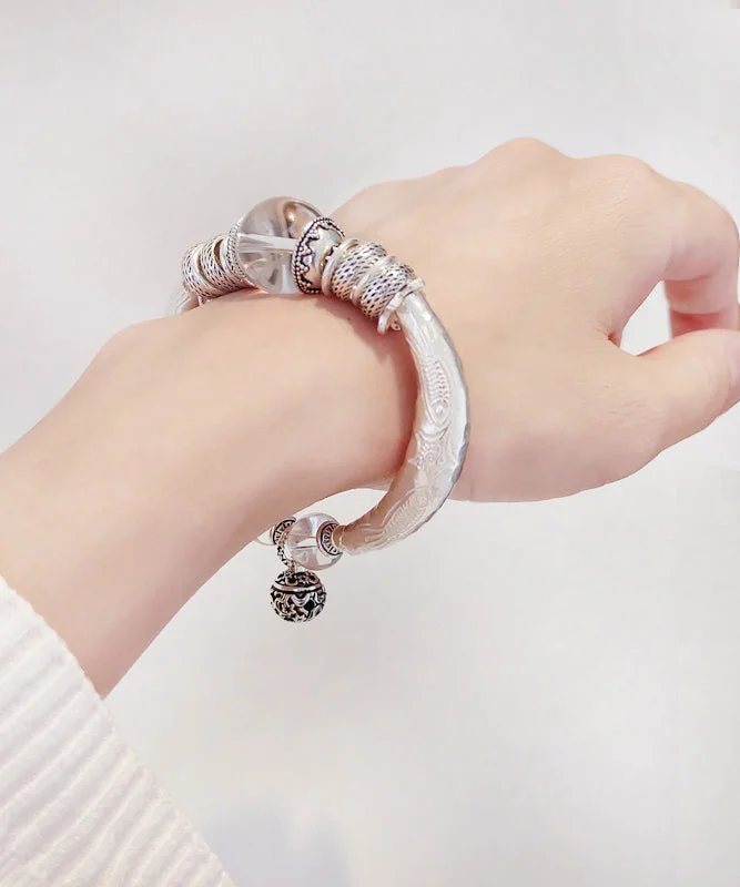 Retro White Sterling Silver Crystal Small Bell Bangle