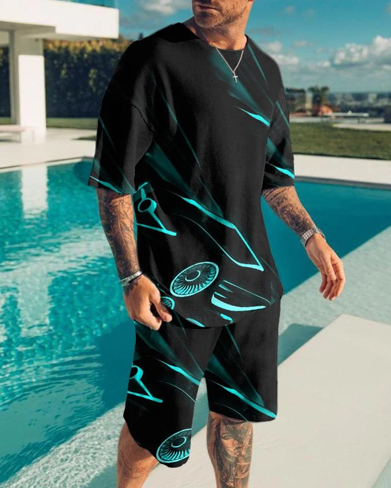 Simple Fashion Men's Black CAR Print Summer Suit