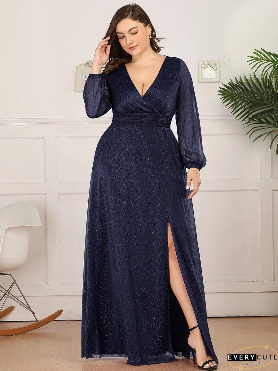 Shiny Puff Sleeve V-Neck Evening Gown for Curvy Women