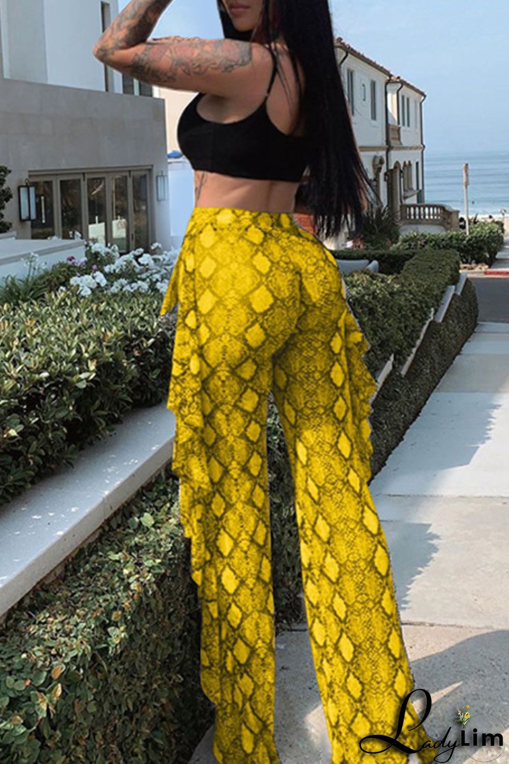 Grey Sexy Print Patchwork Flounce Straight High Waist Straight Full Print Bottoms