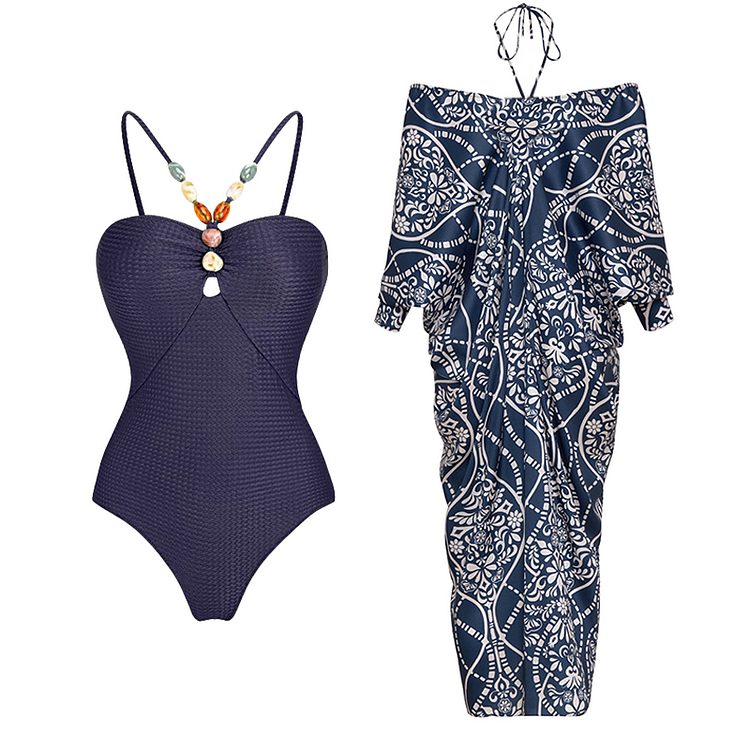 Beaded Halter Lace Up One Piece Swimsuit and Cover up Flaxmaker