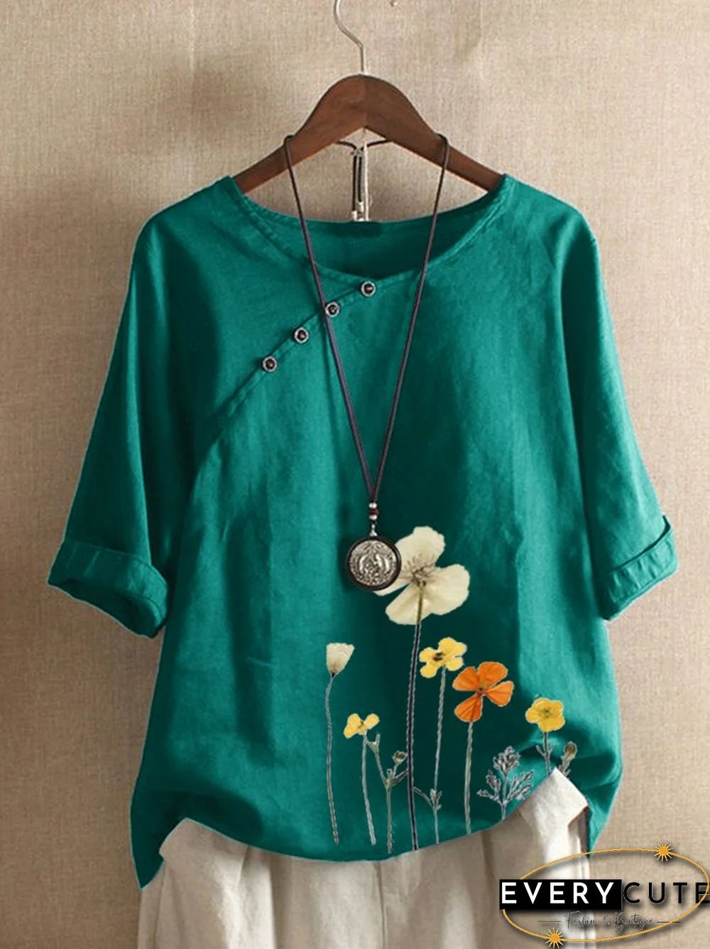 Floral 3/4 Sleeve Casual Round Neck Tops