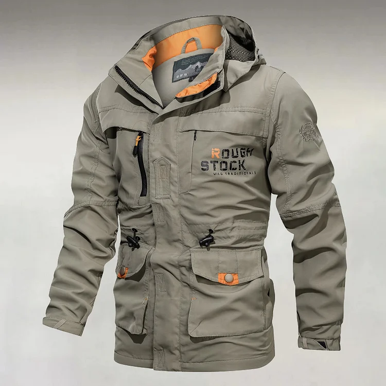 Men's Outdoor Letter Pattern Utility Pocket Zipper Hooded Waterproof Jacket