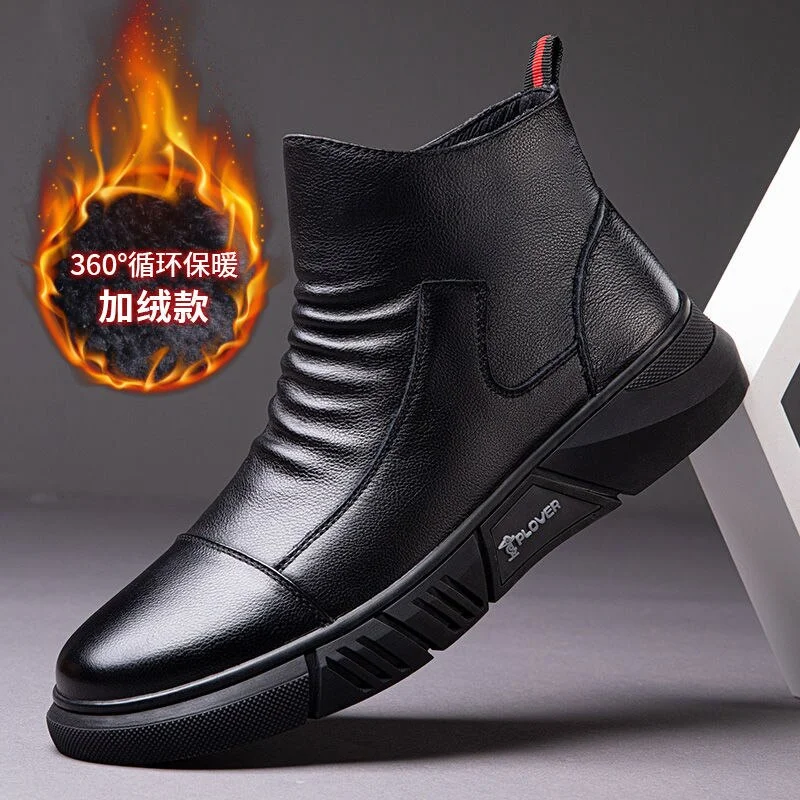 2022 Winter New Boots Male British Style Korean Tooling Trendy Shoes Plus Velvet Warm Cotton Shoes Middle Cut Men's Boots