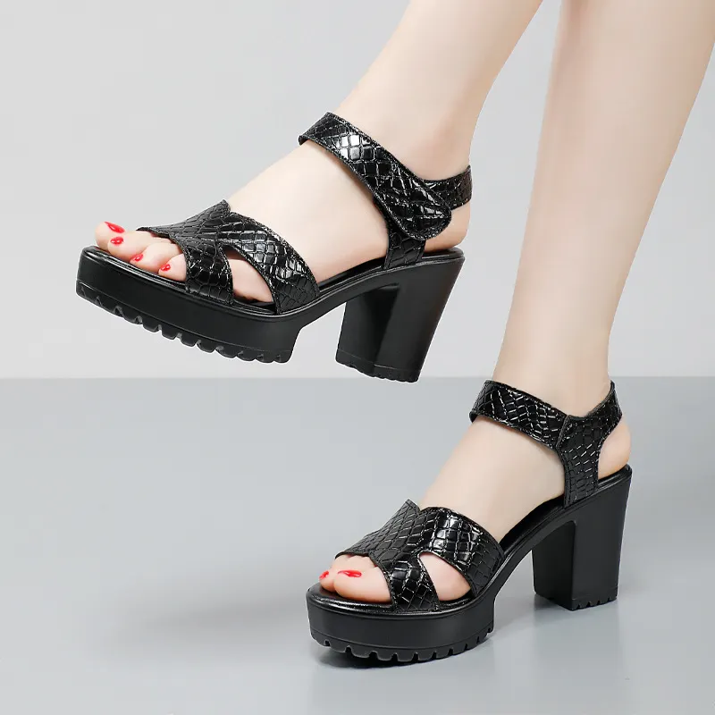 Breakj Breakj Leather High Heel Waterproof Sandals Women Fashion Crocodile Pattern Walking Shoes Summer Coarse Heel Magic Sticky H Women's Shoes
