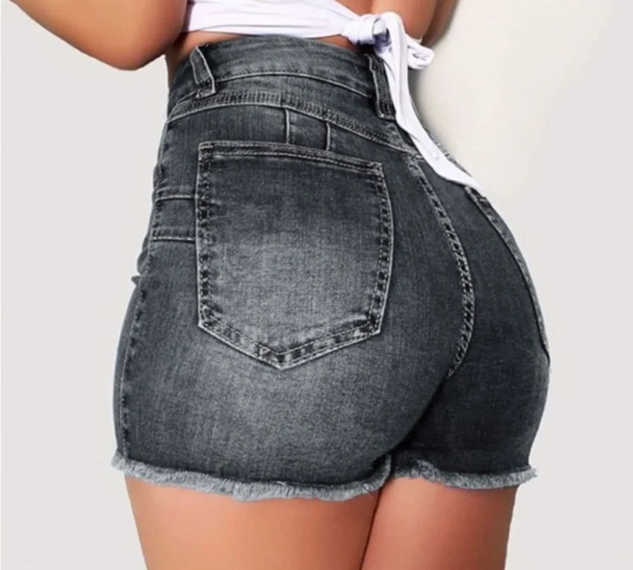 Toloer High Waist Elastic Slim Hole Tassel Denim Shorts Woman-Outfit Ideas