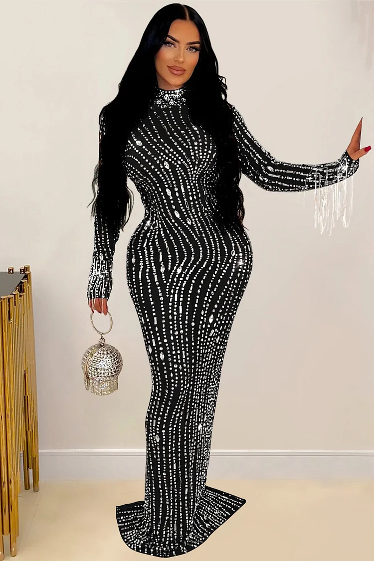 See-Through Mesh Rhinestone Embellished Mock Neck Maxi Dress-Black