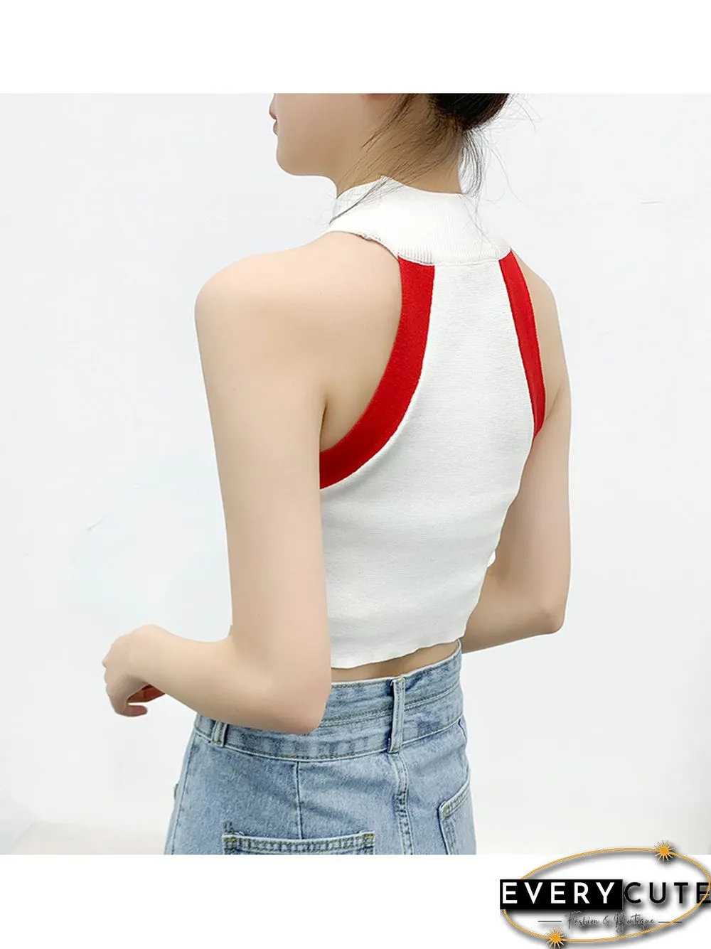 Heliar Womens Y2K Round-neck Patchwork Cute Off Shoulder Cropped Tops Knitted Tank